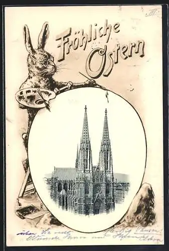 AK Wien, Osterhase mit Brille und Palette malt eine Stadtansicht aufs Osterei