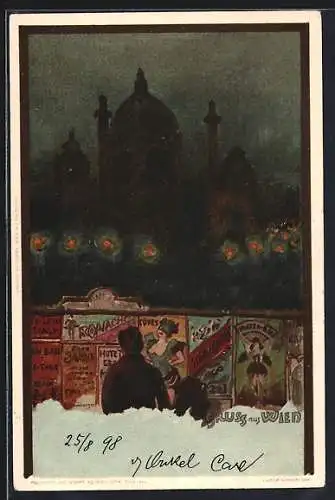 Lithographie Wien, Karlskirche bei Nacht mit bunter Plakatwand