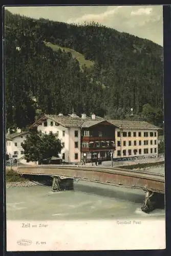 AK Zell am Ziller, Gasthof Post mit Brücke