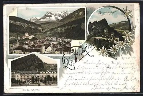 Lithographie Feldkirch, Stella matutina, Margarethenkopf, Teilansicht der Ortschaft