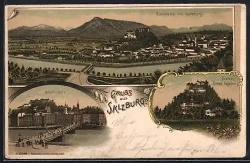 Lithographie Salzburg, Stadtbrücke, Panorama, Festung Hohen-Salzburg