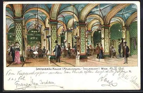 Lithographie Wien, Restaurant Spatenbräu-Keller, Majolikasaal mit Gästen