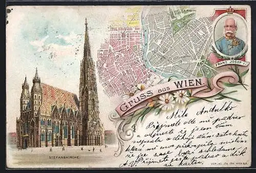 Lithographie Wien, Stefanskirche und Stadtkarte, Kaiser Franz Josef I. von Österreich