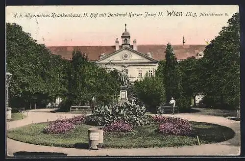 AK Wien, K. k. allgemeines Krankenhaus, Alserstrasse 4, II. Hof mit Denkmal Kaiser Josef II.