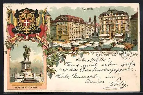 Vorläufer-Lithographie Wien, 1895, Am Hof mit Denkmal, Radetzky-Denkmal
