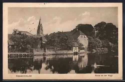 AK Regenwalde, Partie an der Rega mit Kirche