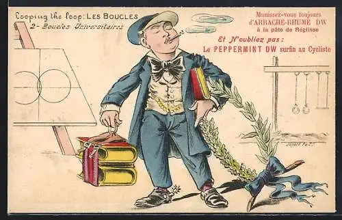 AK Looping the Loop: Les Boucles, Boucles Universitaires, Lässiger Student mit Zigarette, Büchern, Ehrenkranz, Schleife