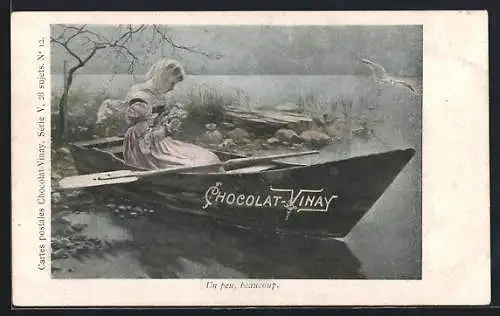 AK Un peu, beaucoup, Junge Dame mit Blumen in einem Kahn, Reklame Chocolat-Vinay