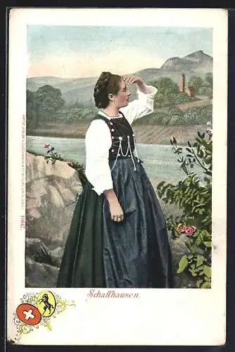 AK Schaffhausen, Frau in Tracht am Ufer