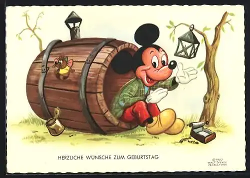 AK Mickey Mouse sitzt in einem Fass, Geburtstagsgruss