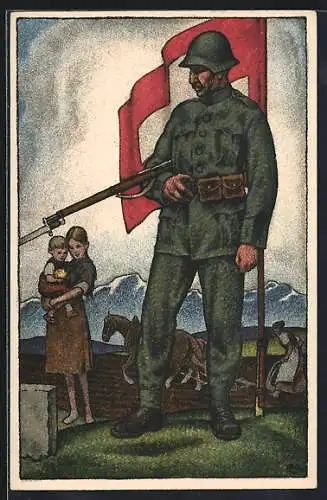 AK Infanterist mit Stahlhelm, Schweizer Nationalspende für unsere Soldaten u. ihre Familien