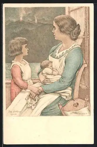 AK Schweizer Bundesfeier 1924, Frau mit Kindern am Fenster schaut auf Feuer in den Bergen