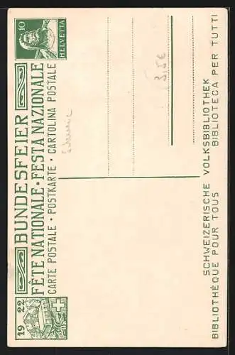 AK Schweizer Bundesfeier 1924, Frau mit Kindern am Fenster schaut auf Feuer in den Bergen