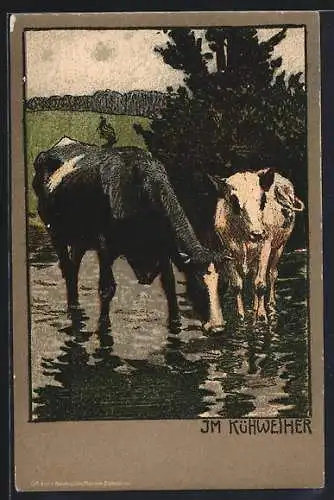 Künstler-AK Im Kühweiher, Kühe stehen im Flussbett