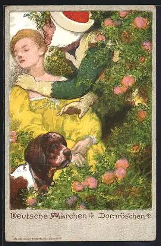 Künstler-AK Deutsche Märchen, Dornröschen in ihrem 100 jährigen Schlaf