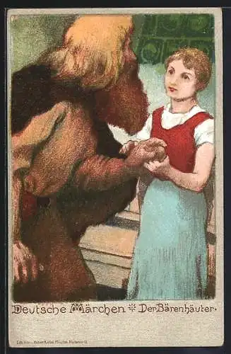 AK Der Bärenhäuter - Mädchen empfängt den Bärenhäuter in ihrem Haus