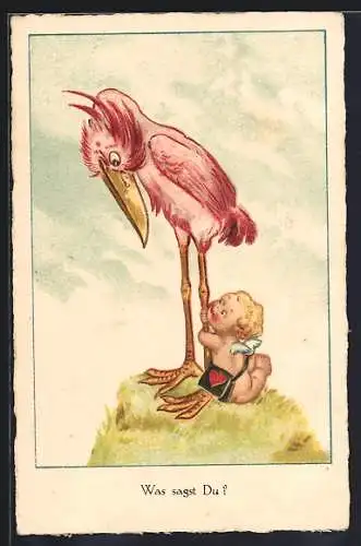 AK Kleiner Engel sitzt am Fuss eines Flamingos und wartet, dass dieser sich in die Lüfte hebt