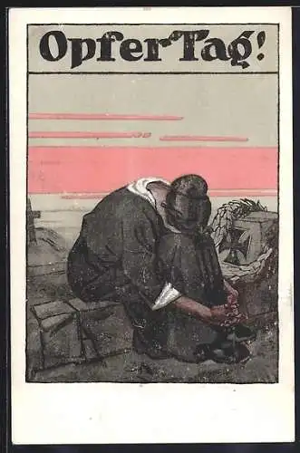 AK Rotes Kreuz, Opfer Tag!, Kauernde Frau