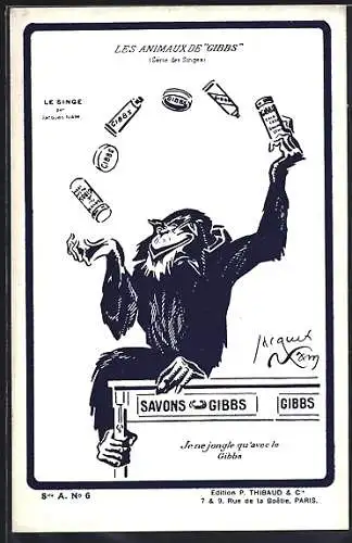 Künstler-AK Affe jongliert mit Gibbs-Produkten, Reklame