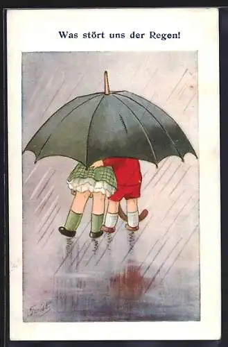 AK Was stört uns der Regen!, zwei Kinder unter einem Schirm