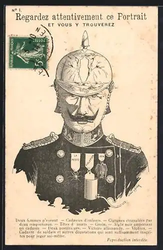AK Karikatur von Kaiser Wilhelm II., welcher Orden für seine Errungenschaften an der Brust trägt
