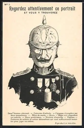 Künstler-AK Regardz attentivement ce Portrait et vous y trouverez, Kaiser Wilhelm II., Propaganda Entente