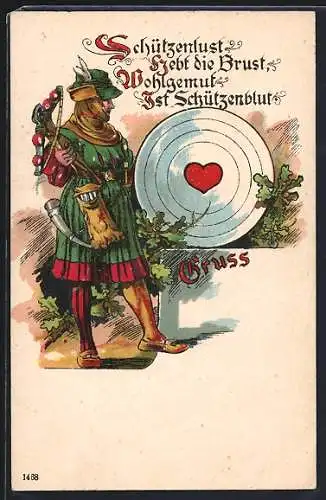 Lithographie Armbrustschütze, Zielscheibe mit Herz