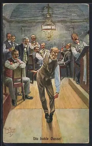 Künstler-AK A. Thiele: Männer beim Kegeln