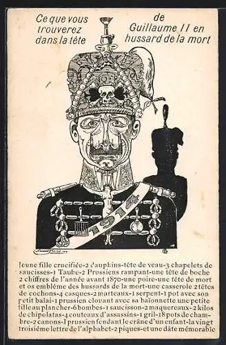 AK Ce que vous trouverez dans la tete de Guillaume II. en hussard de la mort, Metamorphose, Propaganda Entente