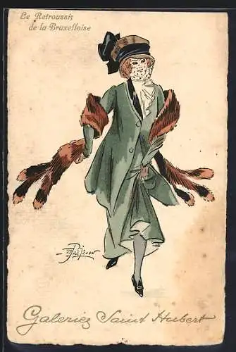 Künstler-AK sign. Préjelan, Galeries Saint Hubert, Le Retroussis de la Bruxelloise