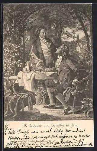 Künstler-AK Goethe und Schiller an einem Tisch in Jena, Zylinder auf dem Stuhl