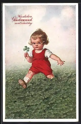 Künstler-AK Wally Fialkowska: Kleinkind als Glücksritter mit Klee