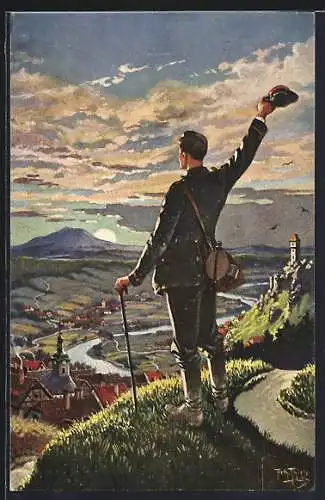Künstler-AK Arthur Thiele: Teure Heimat, sei gegrüsst, Wanderer blickt auf Rheinlandschaft