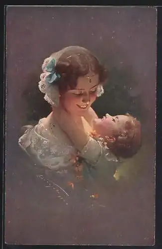 Künstler-AK Ludwig Knoefel: Tochter umarmt ihre Mutter