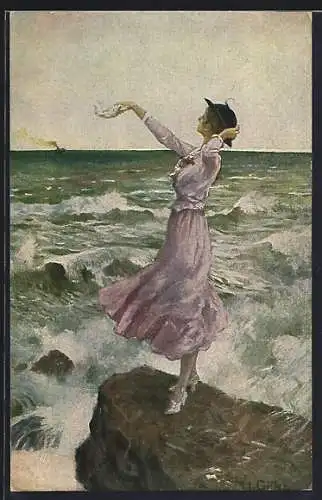 Künstler-AK Imita / A.S.-M. Leipzig Nr. 463, Behüt dich Gott, Dame winkt auslaufendem Schiff nach