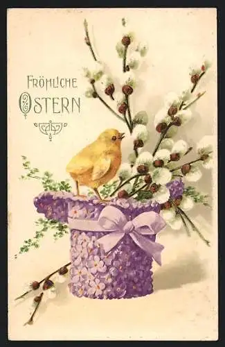 AK Blumenbild, Küken sitzt auf einem Zylinder