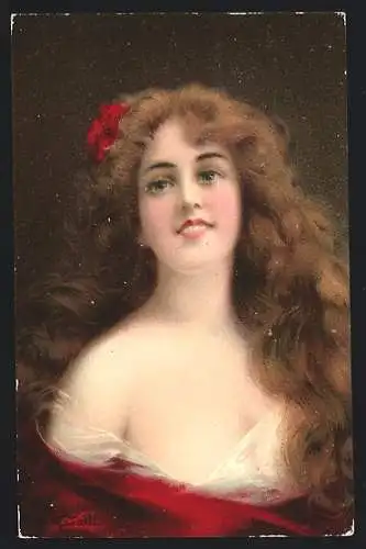 Künstler-AK sign. Galli: Junge Dame mit wallendem roten Haar