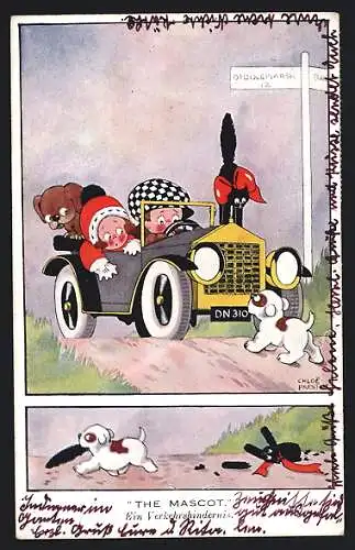 Künstler-AK Chloe Preston: Auto bremst wegen einem Hund und verliert die Kühlerfigur