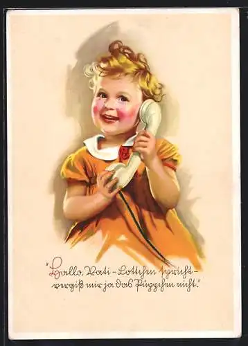 AK Hallo, Vati - Lottchen spricht..., Kind am Telefon
