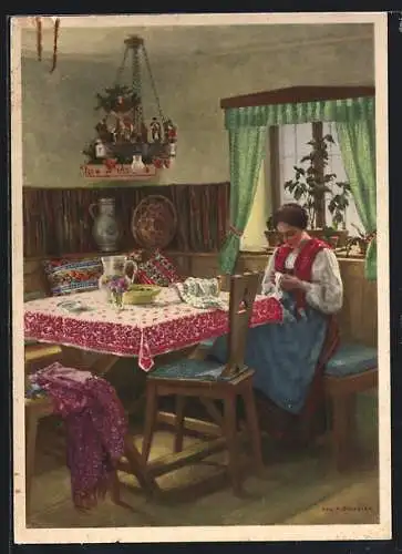 Künstler-AK Karl Maria Schuster: Reklame für Indanthren, Frau bei Näharbeiten in der Küche