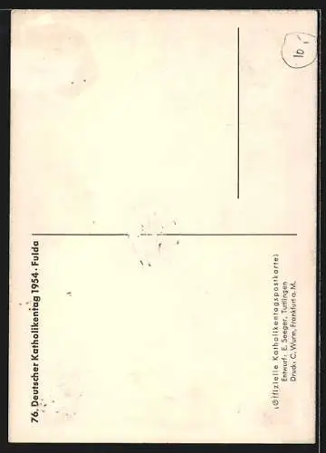 AK Fulda, Katholikentag 1954, Jesusfigur vorr Besuchermenge und Kirche