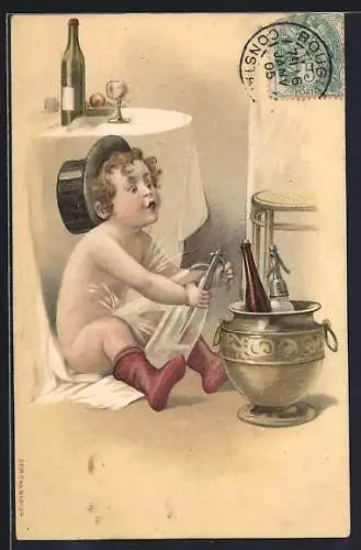 AK Kleiner Nackedei spritzt sich Soda in den Schritt