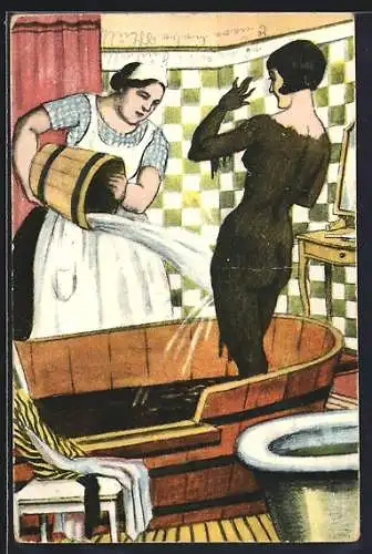 AK Nackte Dame im Moorbad wird mit Wasser abgewaschen