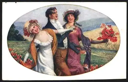 Künstler-AK H. Schubert: Eleganter Herr mit zwei Frauen auf einer Blumenwiese