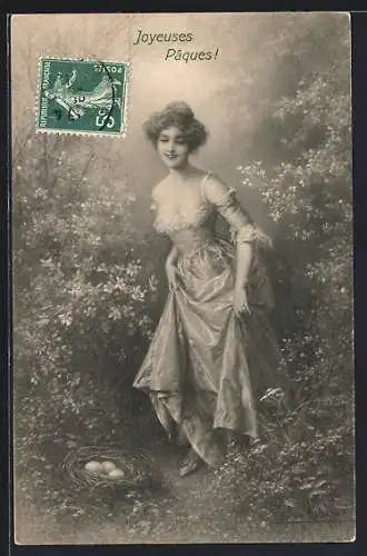 Künstler-AK Wichera: Fräulein im Kleid mit Osterkorb, Ostergruss