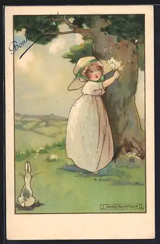 Künstler-AK Agnes Richardson: Frau im Kleid am Baum und Osterhase, Ostergruss