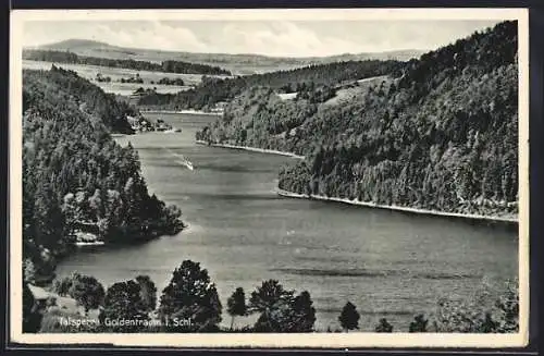 AK Goldentraum i. Schl., Talsperre Goldentraum aus der Vogelschau