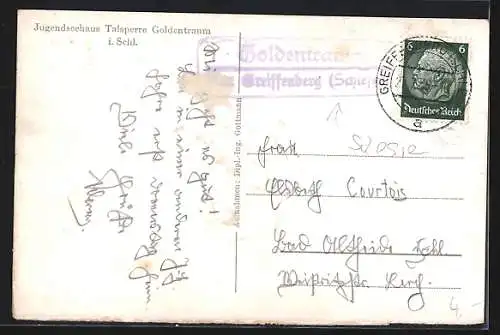 AK Goldentraum i. Schl., Talsperre Goldentraum aus der Vogelschau