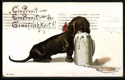 Künstler-AK Willi Scheuermann: Kleiner Dackel an einem Bierkrug