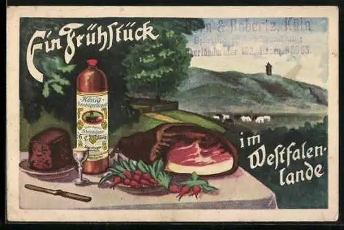 Künstler-AK Ein Frühstück im Westfalenlande, Pumpernickel, Schinken, Radieschen und Flasche König Steinhäger Urquell